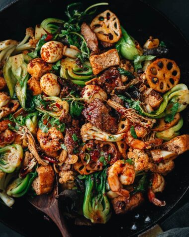 Spicy numbing stir fry pot with vegetables, beef and shrimp