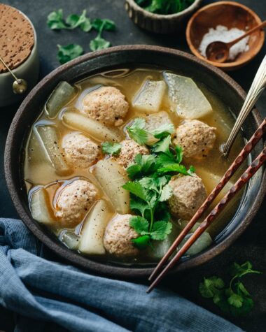 Winter melon soup with meatballs close-up