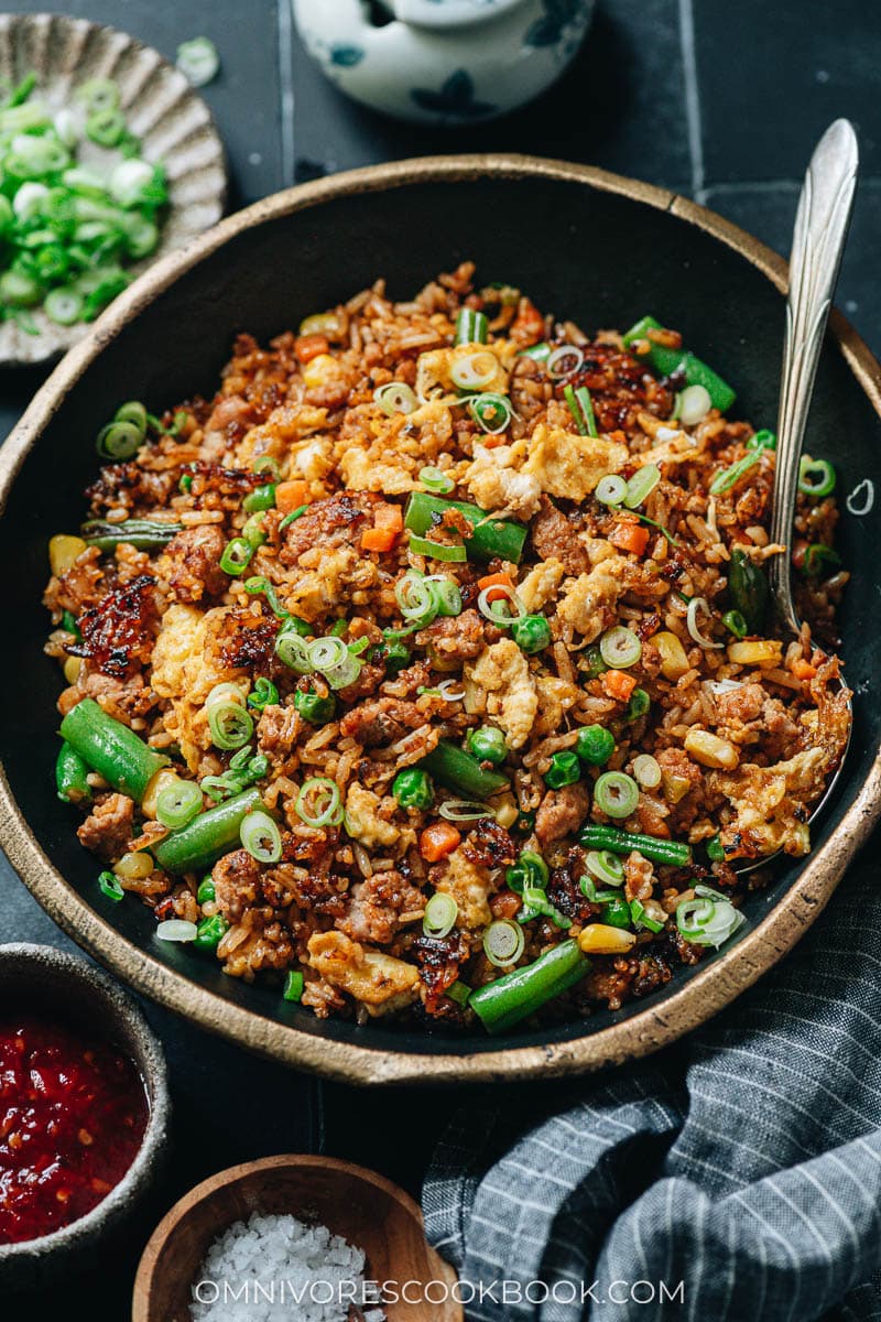 Homemade pork fried rice with eggs and veggies