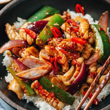 Stir fried spicy squid over steamed rice close up