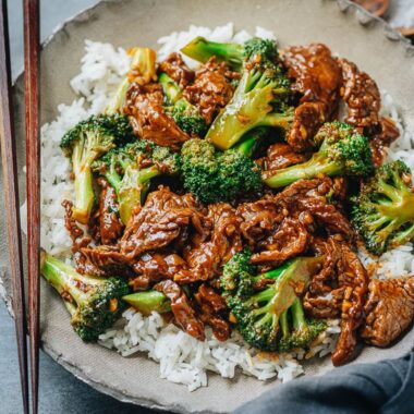 Beef and broccoli served over rice