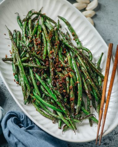 Chinese garlic green beans served on a platter