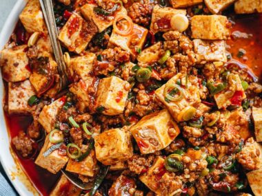 Homemade mapo tofu close up