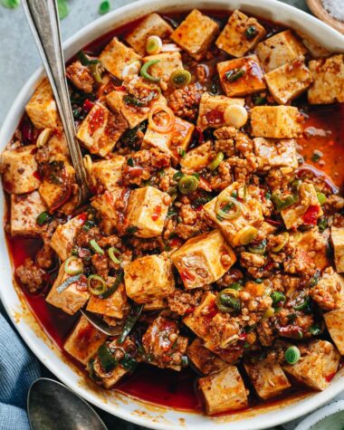 Homemade mapo tofu close up