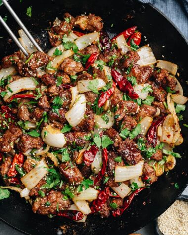 Xinjiang cumin lamb in a pan