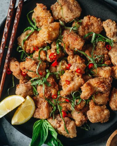 Air fryer salt and pepper chicken close up