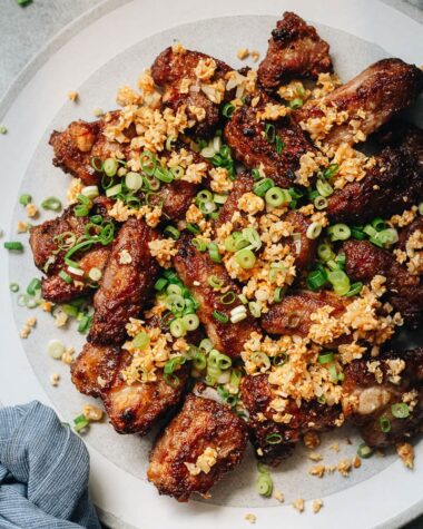 Chinese garlic ribs in a platter