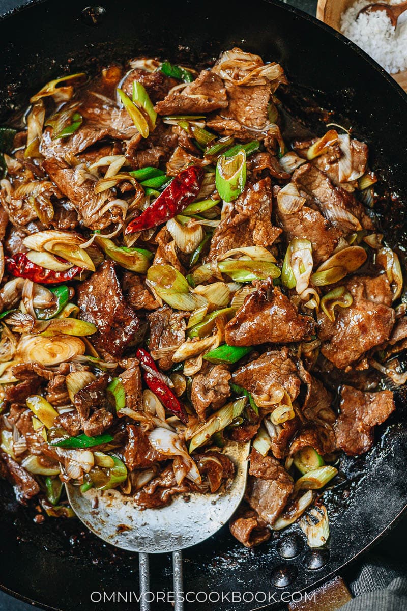 Scallion beef stir fry close up