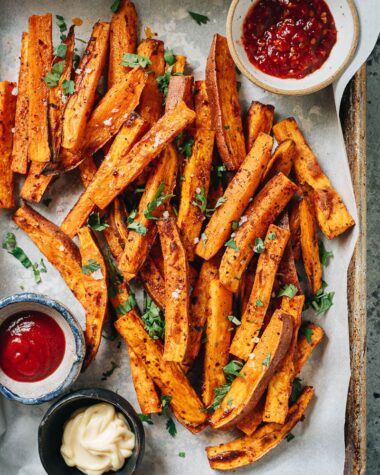 Air fryer sweet potato fries on a tray