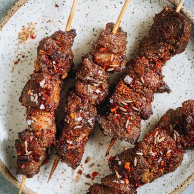 Air fryer lamb skewers close up
