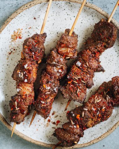 Air fryer lamb skewers close up