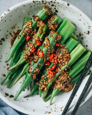 Chinese okra salad close up