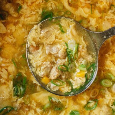 Chinese corn soup with chicken close up