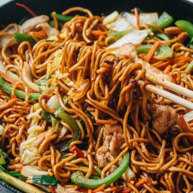 Homemade Chinese fried noodles close up