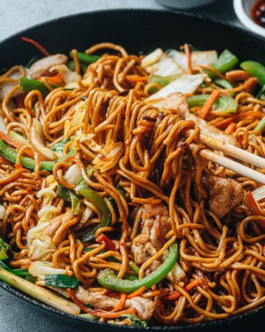 Homemade Chinese fried noodles close up