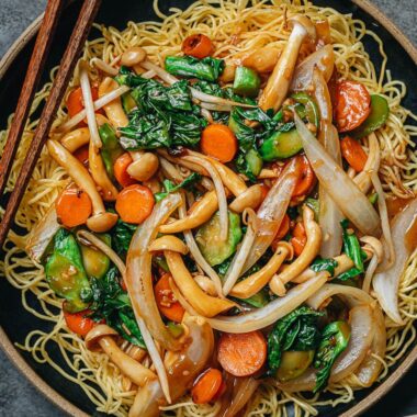 Vegetable pan fried noodles close up