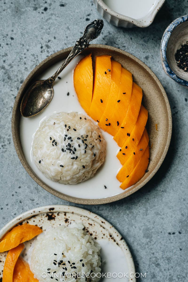 Traditional Thai mango sticky rice close up