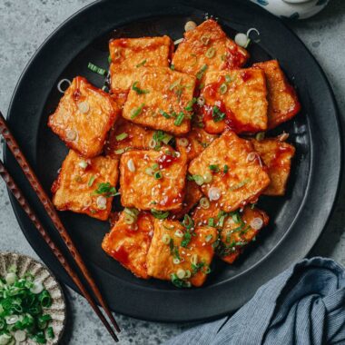 Chinese pan fried tofu with sweet and sour sauce