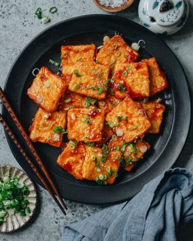 Chinese pan fried tofu with sweet and sour sauce