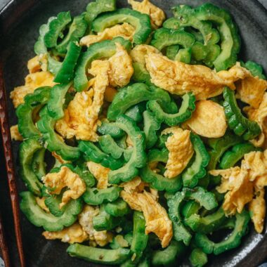 Stir fried bitter melon with eggs close up