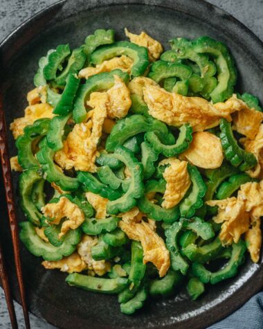 Stir fried bitter melon with eggs close up