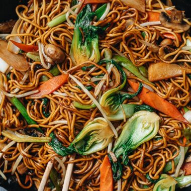 Homemade vegetarian chow mein close up