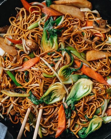 Homemade vegetarian chow mein close up