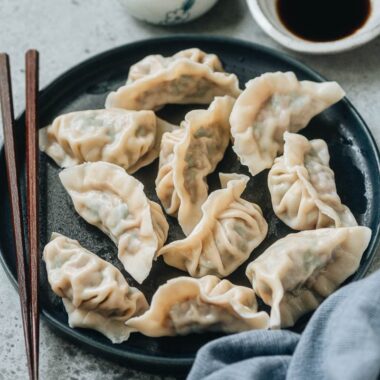 Boiled pork and chive dumplings close up
