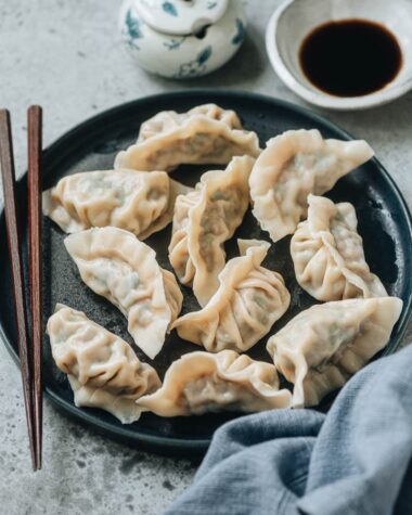 Boiled pork and chive dumplings close up
