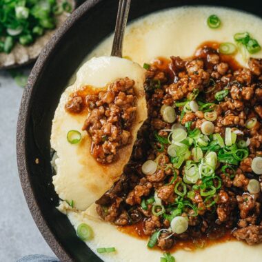 Steamed egg with minced pork close up