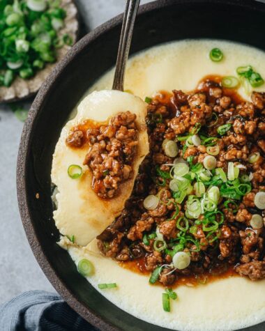 Steamed egg with minced pork close up