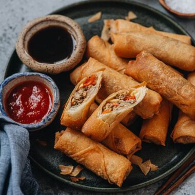 Cantonese style chicken egg rolls close up