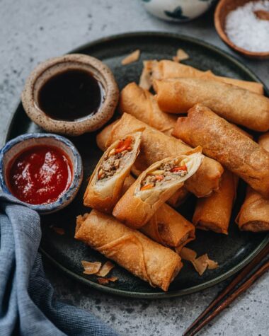 Cantonese style chicken egg rolls close up