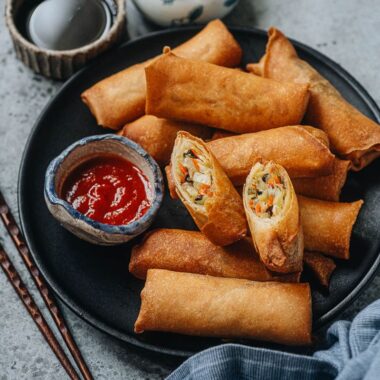 Chinese fried vegetable egg rolls cut open