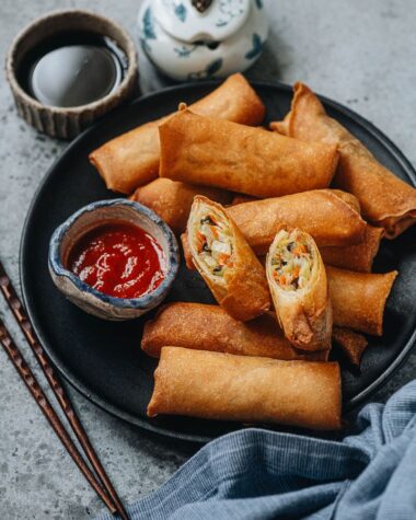 Chinese fried vegetable egg rolls cut open