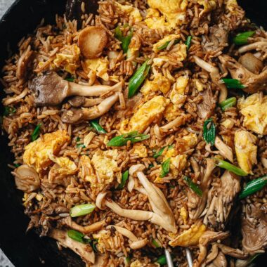 Mushroom fried rice in a pan close up