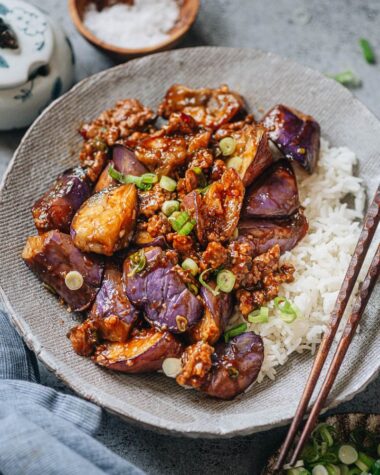 Yu xiang eggplant served over rice