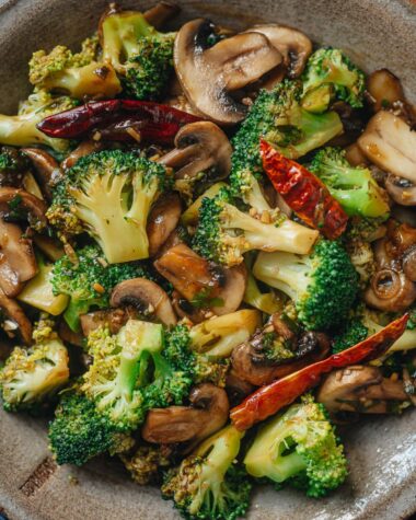 Broccoli and mushroom stir fry close up