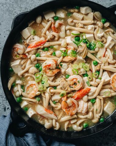 Seafood tofu stew close up