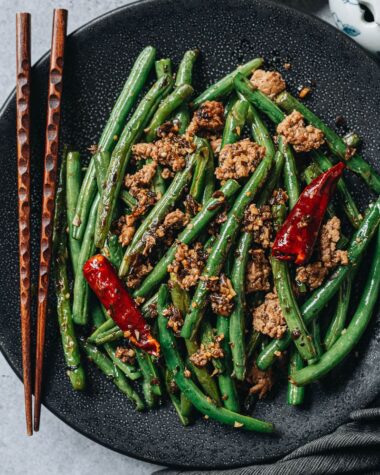 Sichuan dry fried green beans in a plate