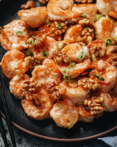 Takeout style walnut shrimp close up