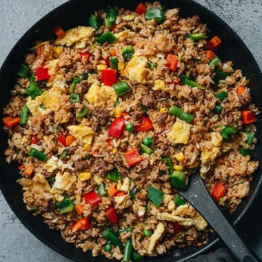 Homemade beef fried rice in a pan