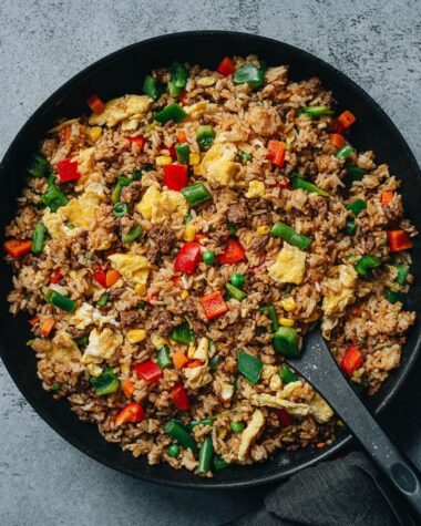 Homemade beef fried rice in a pan