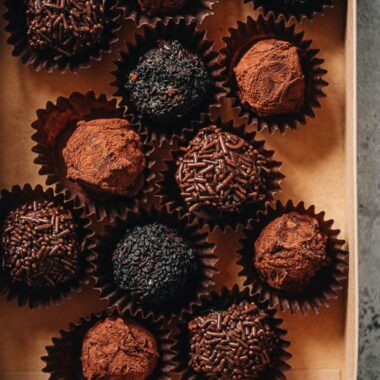 Black sesame chocolate truffles in a box