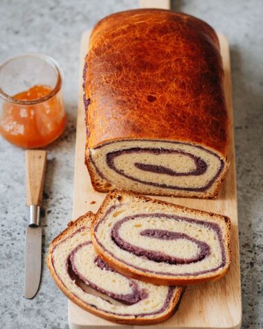 Taro loaf bread sliced