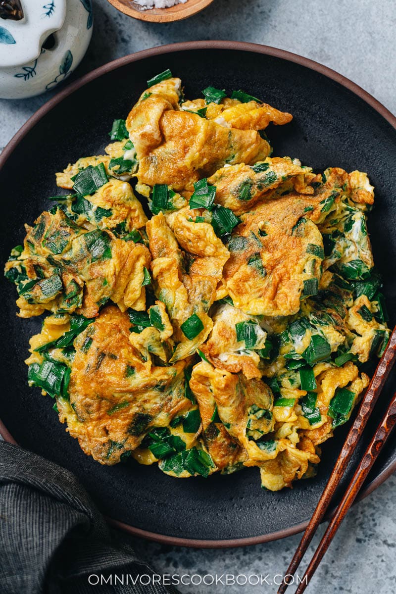 Chinese chive and egg scramble close up