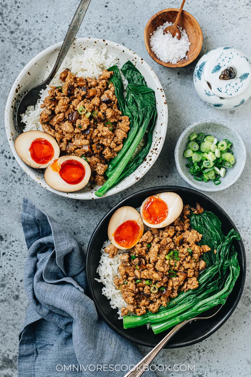 Homemade ground chicken and rice bowls with marinated eggs and veggies