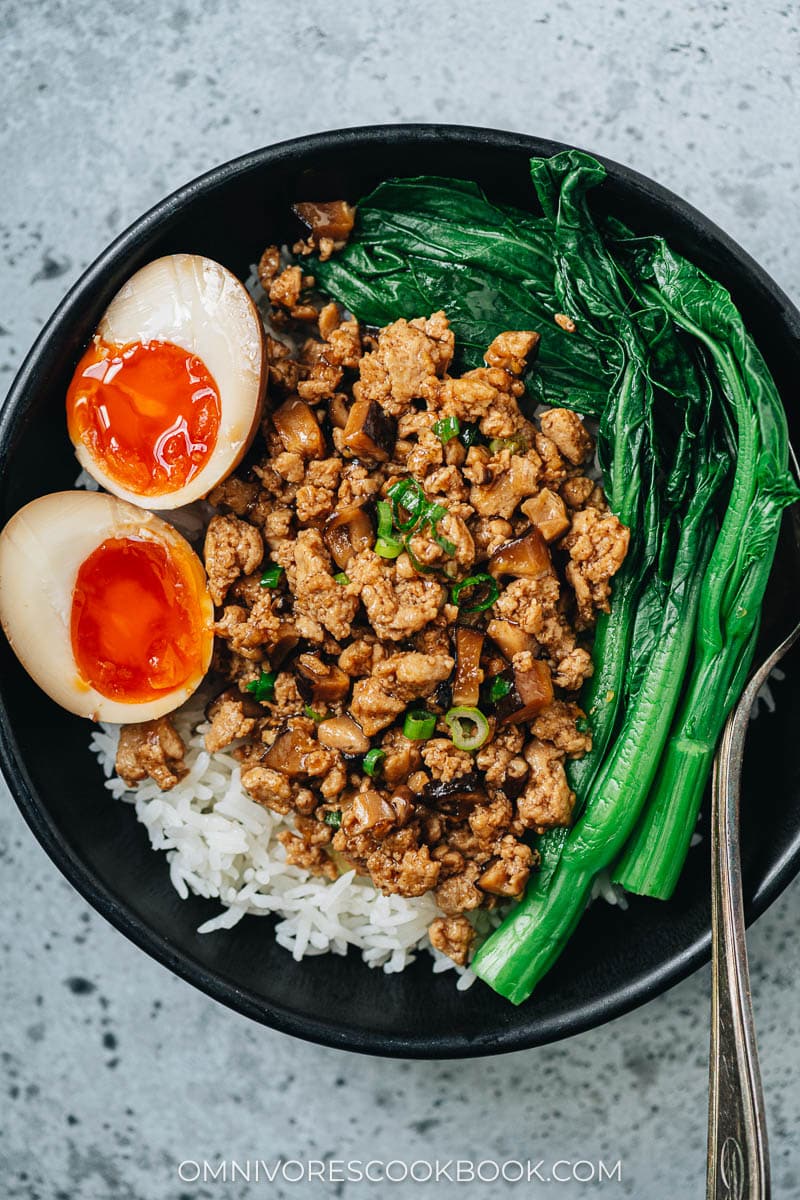 Chinese ground chicken bowl close up