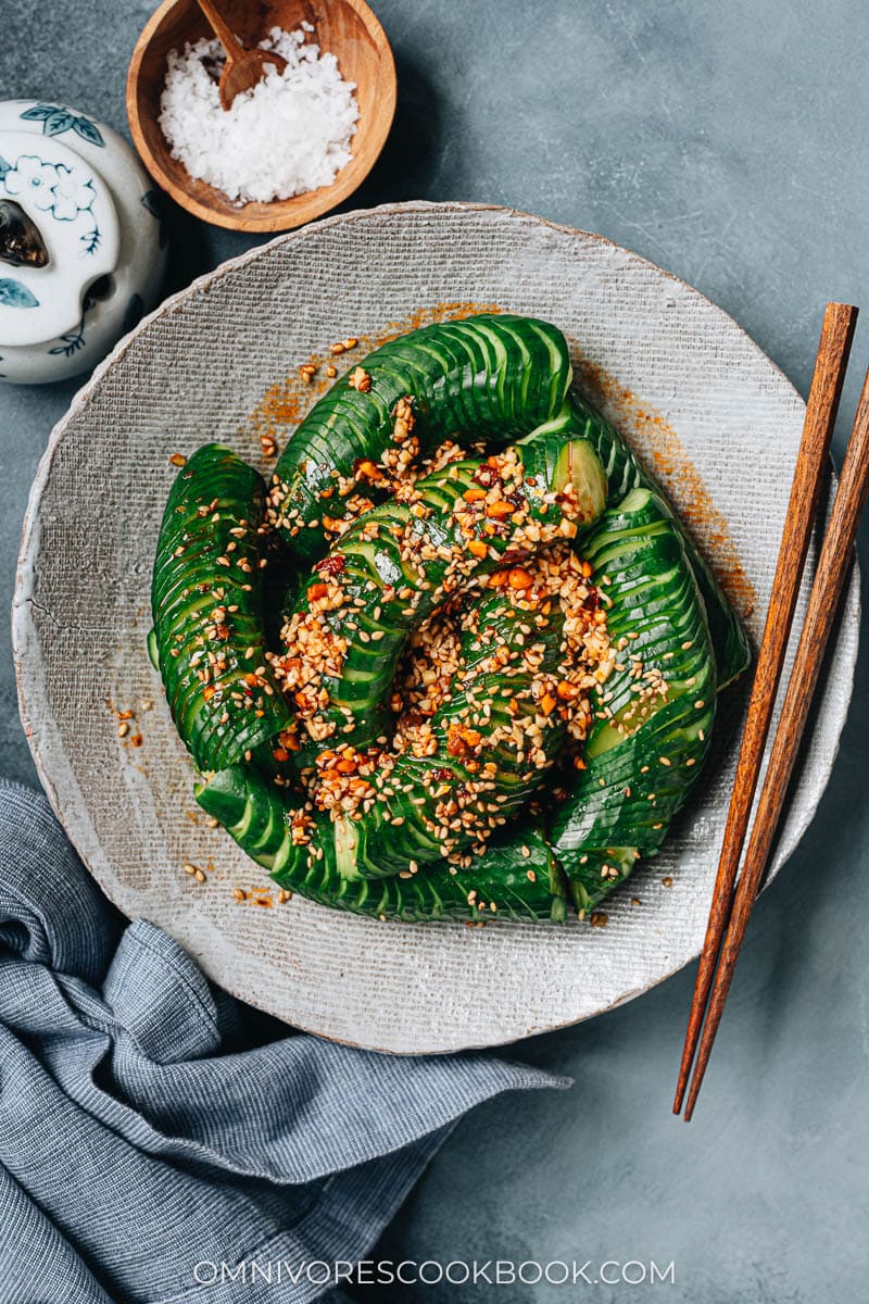 Spiral cut cucumber with spicy sauce