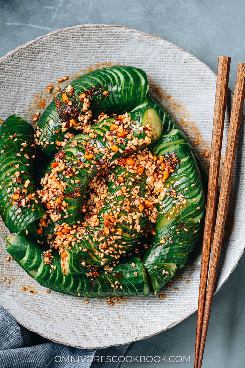 Spicy cucumber salad close up